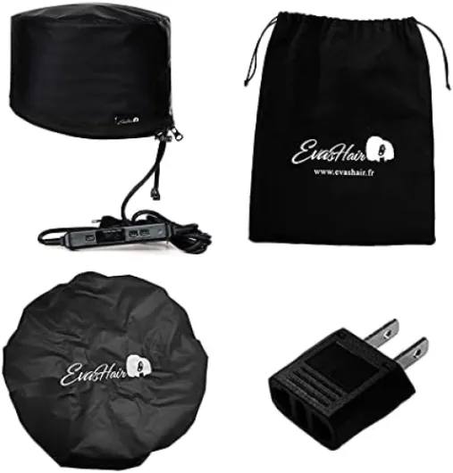 Casque Chauffant - Pour Hydratation en Profondeur des Cheveux Crépus, Frisés, Bouclés - Température Ajustable - Minuterie - Avec Charlotte et Sac de Rangement