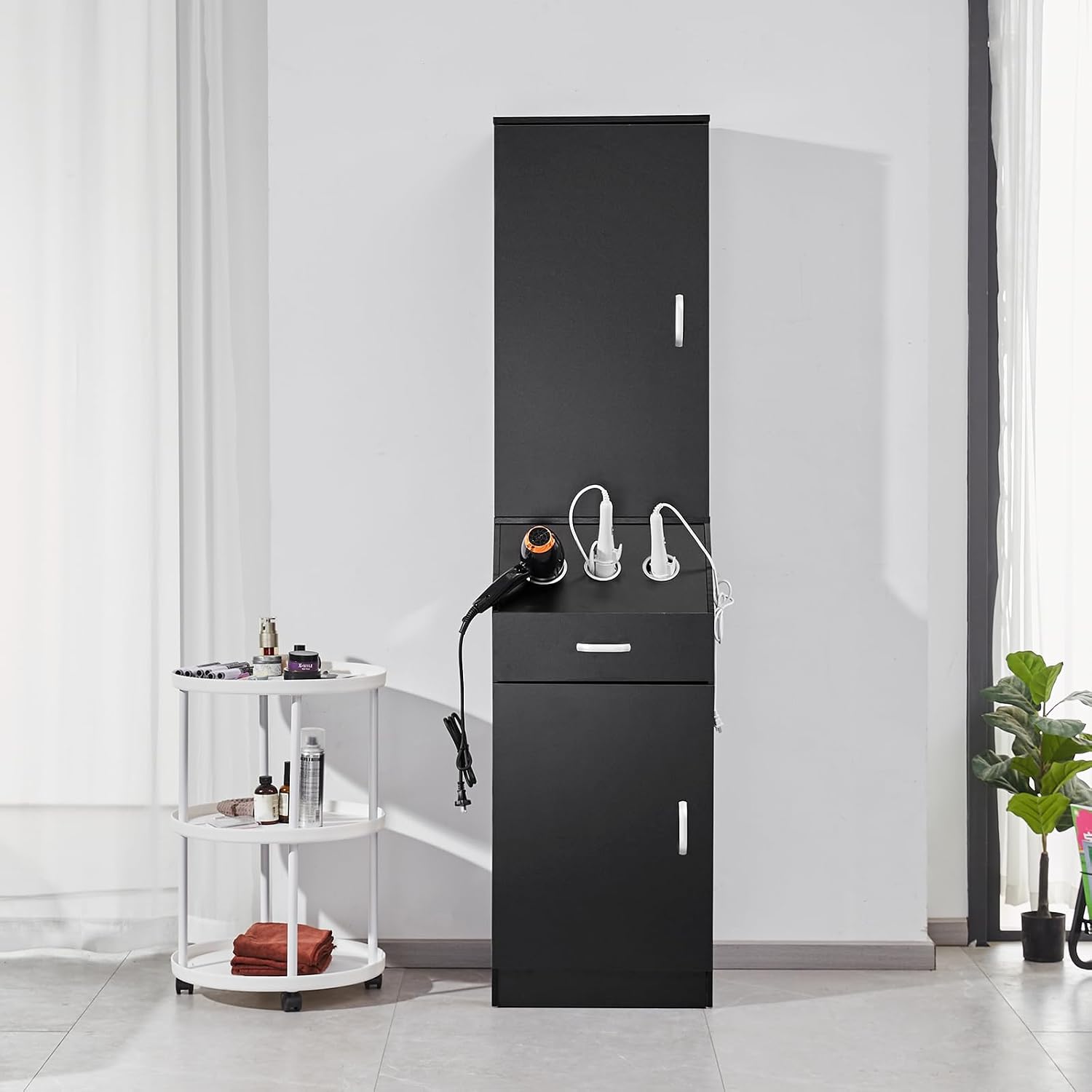 Armoire de Rangement pour Salon de Coiffure, Meuble de Salon de Coiffure pour Coiffeur, avec 3 Supports de sèche-Cheveux, tiroir, Ensemble de Station de Coiffure pour Organiser Outils, Noir Meuble de rangement salon 3