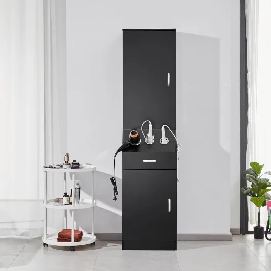 Armoire de Rangement pour Salon de Coiffure, Meuble de Salon de Coiffure pour Coiffeur, avec 3 Supports de sèche-Cheveux, tiroir, Ensemble de Station de Coiffure pour Organiser Outils, Noir Meuble de rangement salon 3