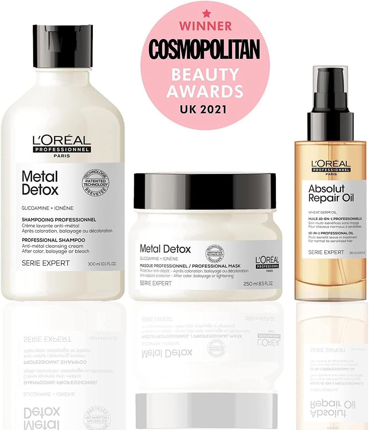 L'Oréal Professionnel, Shampoing Anti-Métal + Masque Protecteur Anti-Dépôt + Huile de Finition 10-en-1, Cheveux Colorés & Décolorés, Metal Detox + Absolut Repair, SERIE EXPERT, 300 ml + 250ml + 90ml
