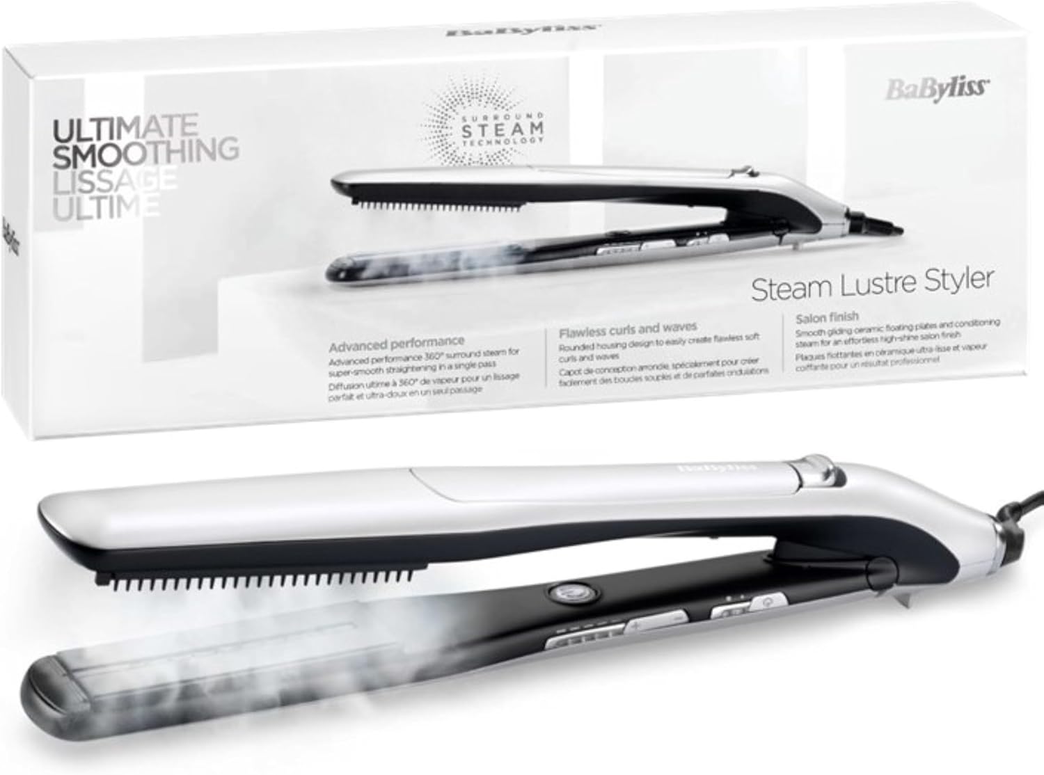 BaByliss Lisseur Vapeur Lustre Steam, Technologie Advanced Ceramics, Pour tous les types e cheveux, Peigne lissant inclus, 5 températures de 170°C à 210°C, Protection des cheveux, ST595E