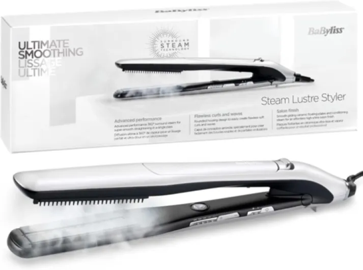 BaByliss Lisseur Vapeur Lustre Steam, Technologie Advanced Ceramics, Pour tous les types e cheveux, Peigne lissant inclus, 5 températures de 170°C à 210°C, Protection des cheveux, ST595E