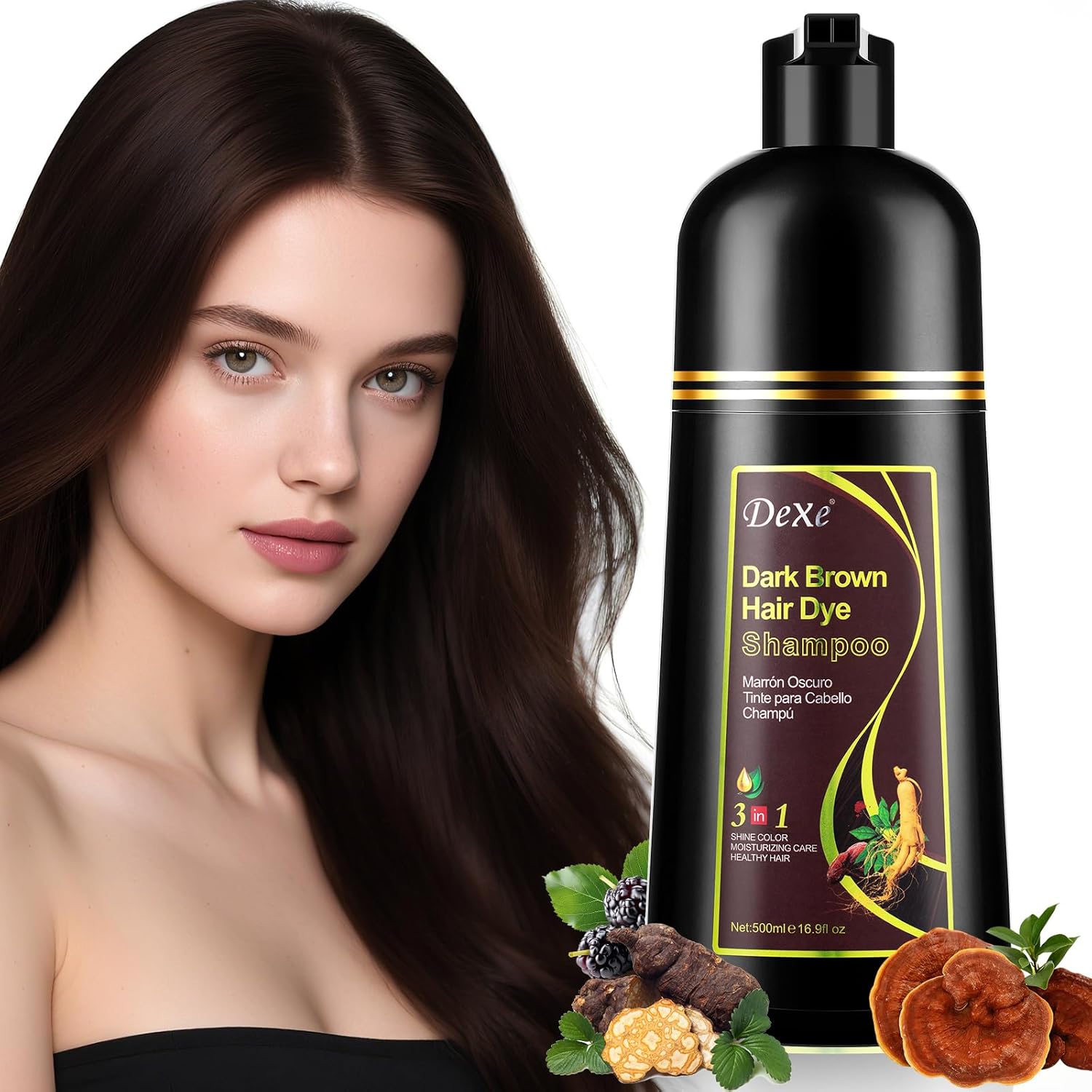 3 in 1 Shampoing Colorant Marron Foncé, 500ML Shampooing Teinture Instantanée pour Cheveux,Naturelle Coloration Soin des cheveux Hair Dye Shampoo，Color Shampoo pour Femme Homme Brun foncé