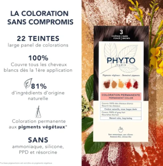 Phyto Paris – Coloration Permanente – Couleur Intense, Naturelle et Lumineuse – Couvre les Cheveux Blancs – Enrichie en Pigments Végétaux – Kit Complet Usage Unique Châtain foncé 1 unité (Lot de 1)