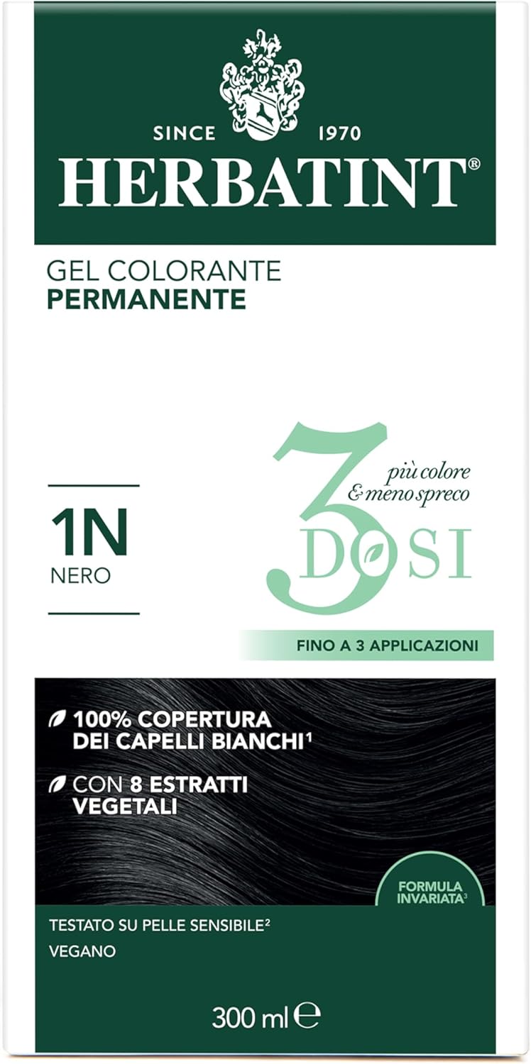 Gel colorant permanent 3doses, 300 ml - 1 N noir, sans ammoniaque, pour peaux sensibles, 100% couverture cheveux blancs, avec 8 extraits naturels bio 1N Noir