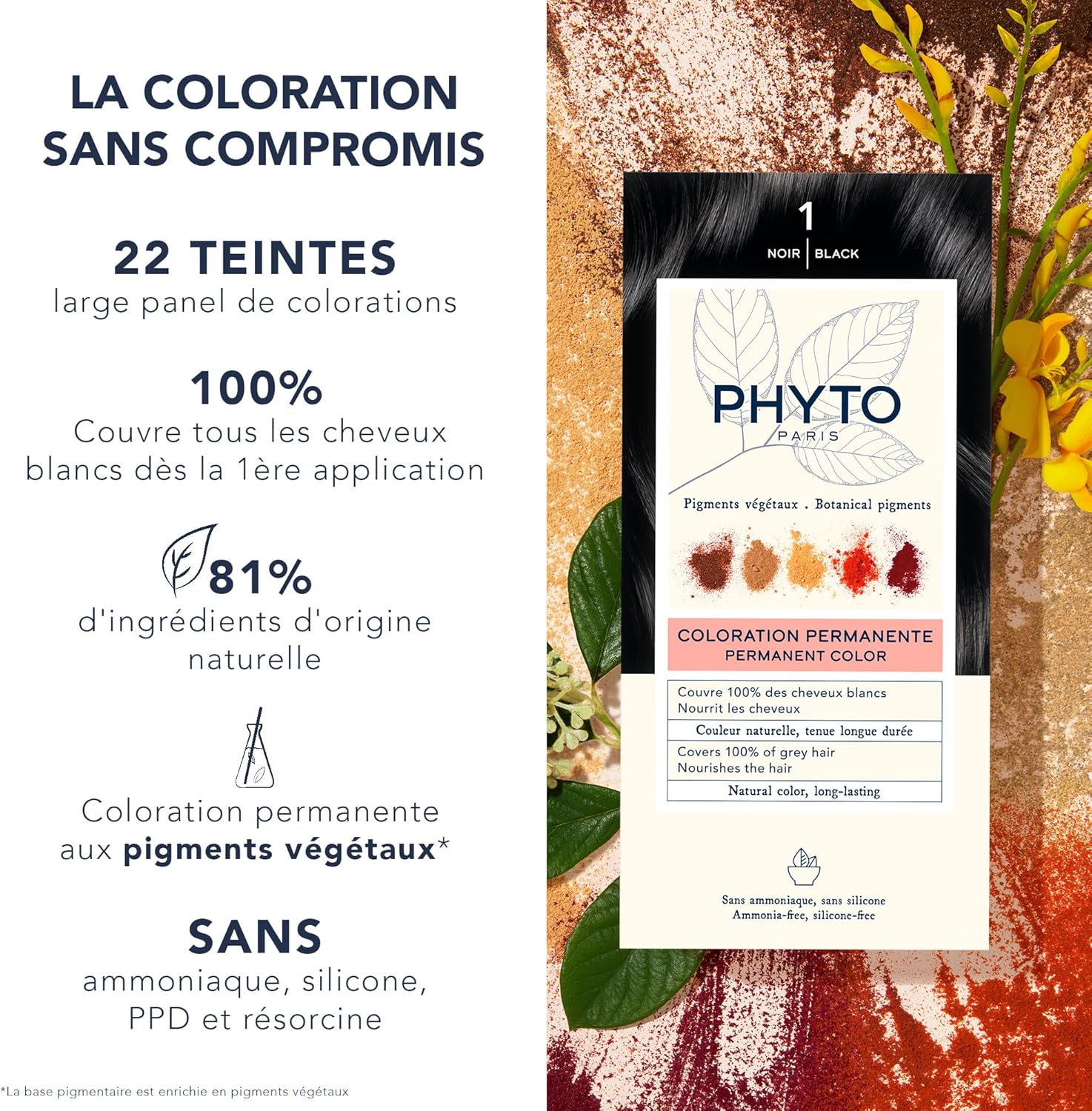 Phyto Paris – Coloration Permanente – Couleur Intense, Naturelle et Lumineuse – Couvre les Cheveux Blancs – Enrichie en Pigments Végétaux – Kit Complet Usage Unique Noir 112 ml (Lot de 1)