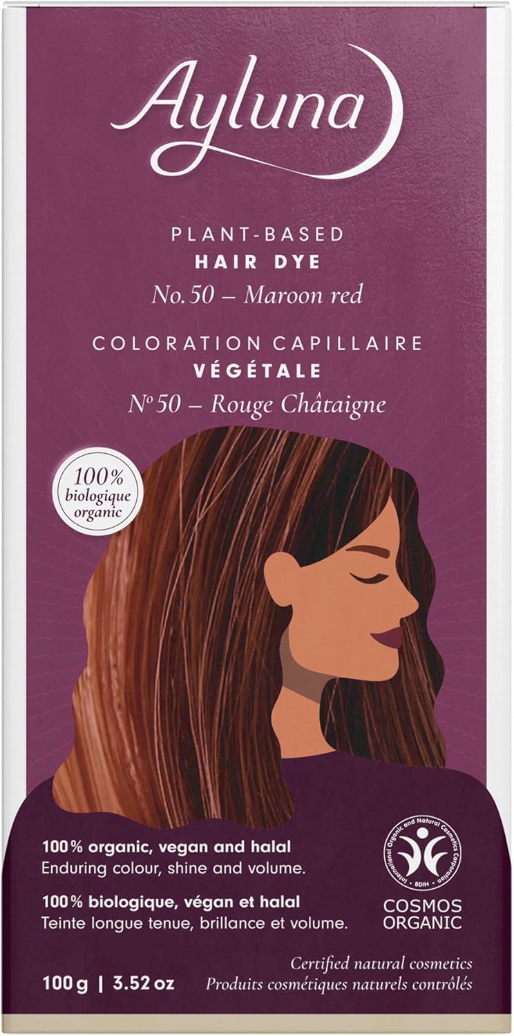 Ayluna Coloration végétalienne pour cheveux gris au henné, fenugreek et camomille pour une coloration longue durée, brillance et volume, sans ammoniaque, couverture 100% des cheveux gris, 100 g Rouge châtain 50 100 g (Lot de 1)
