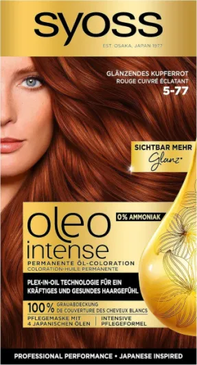 Syoss Oleo Intense Lot de 2 colorations à l'huile 5-77 Rouge cuivré brillant, niveau 3 (115 ml), coloration permanente, avec huile nourrissante, sans ammoniaque, 2 x 115 ml