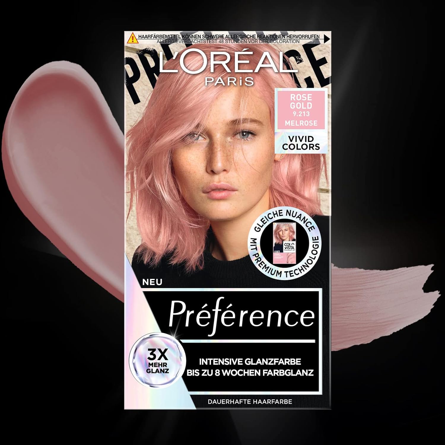 L'Oréal Paris Coloration de cheveux intense, longue durée, jusqu'à 8 semaines de cheveux brillants et couleur intense, Préférence Vivid Colors, couleur or rose 9.213, 1 pièce N° 9213 - Or rose 1 unité (Lot de 1)