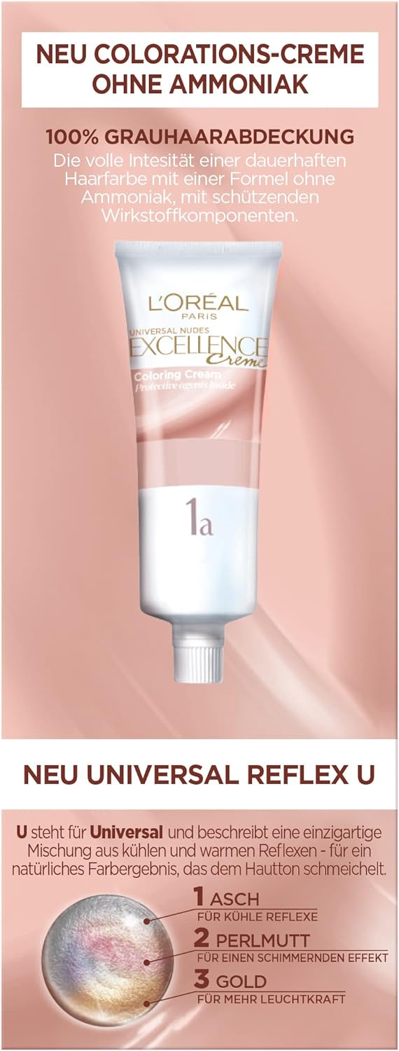 L'Oréal Paris Coloration Permanente pour Tous les Teints, Sans Ammoniaque, Tons Nude Universels avec Couverture Complète des Cheveux Gris, Crème Excellence, N° 8U Blond Clair (Blond), 1 Pièce N° 8U - Blond clair 1 unité (Lot de 1)
