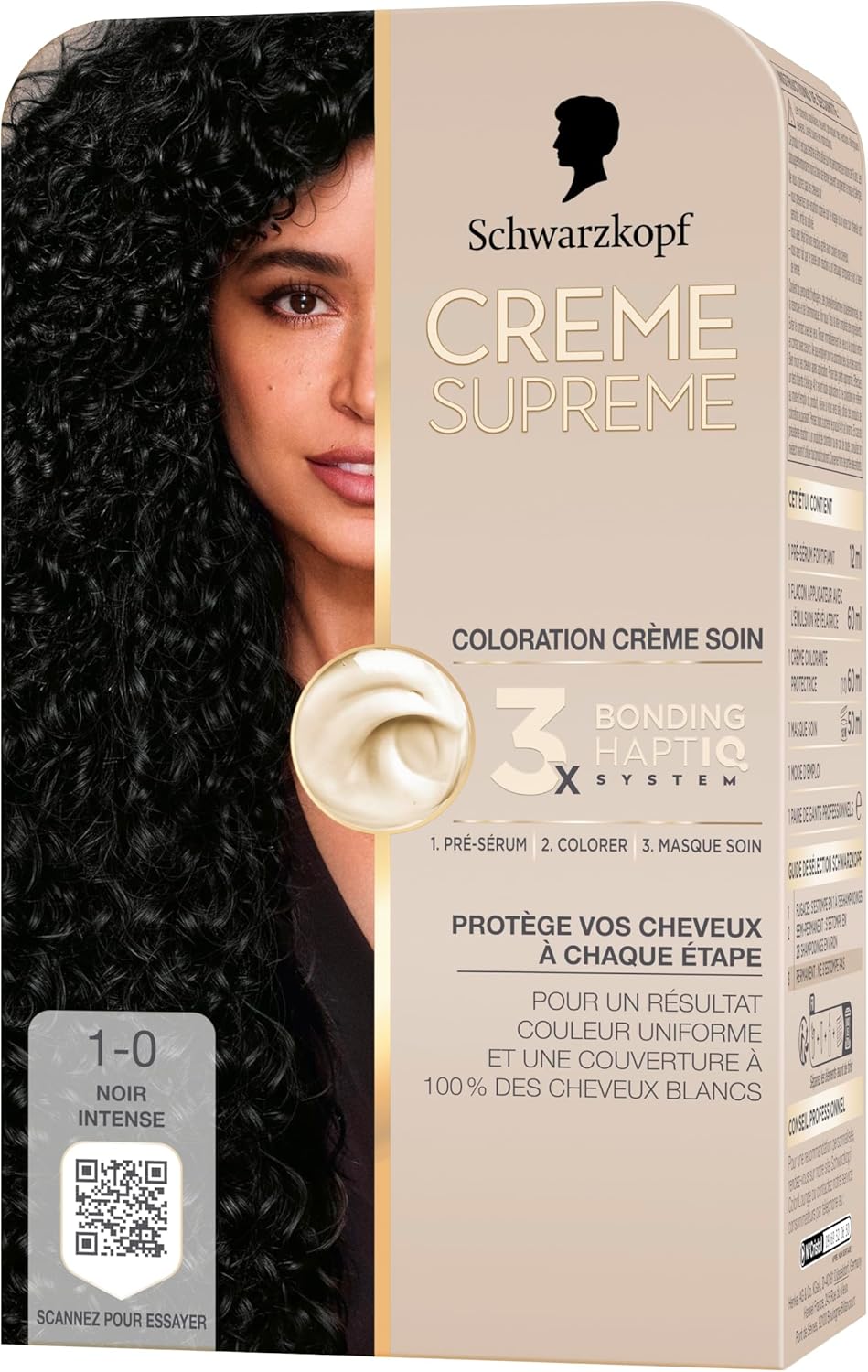 Creme Supreme, Schwarzkopf, Coloration Permanente Creme Soin, Couverture 100% Cheveux Blancs, Resultat Couleur Uniforme, 3x Bonding HaptIQ System, Pre serum et Masque Soin, 1.0, Noir Intense Beige 182 ml (Lot de 1)