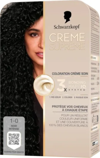 Creme Supreme, Schwarzkopf, Coloration Permanente Creme Soin, Couverture 100% Cheveux Blancs, Resultat Couleur Uniforme, 3x Bonding HaptIQ System, Pre serum et Masque Soin, 1.0, Noir Intense Beige 182 ml (Lot de 1)