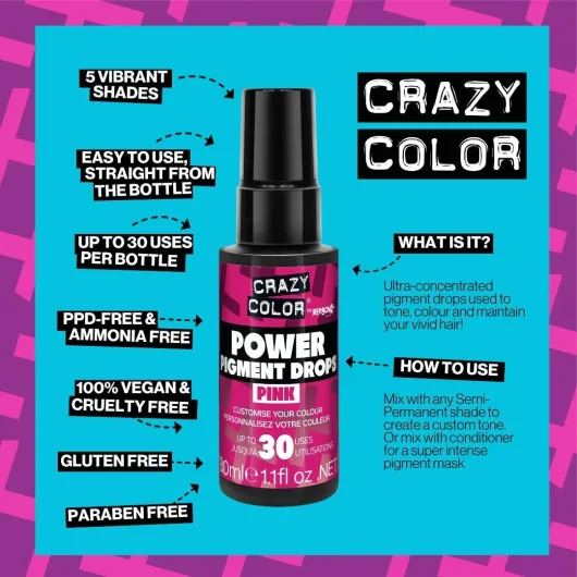 Crazy Color Pink Power Pigments 30 utilisations - Pigments ultra concentrés, toner personnalisé et teinture semi-permanente de la maison - Formule végétalienne - Sans javel ni ammoniaque - 30 ml rose