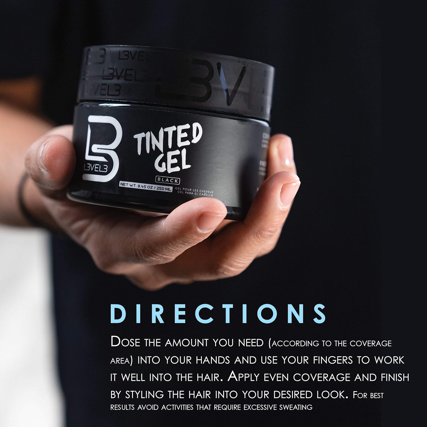 L3VEL3 Tinted Gel - Provides Instant Coverage for Gray Hair - Adds Volume, Texture and Shine - Flake Free Formula - Intensifies Color - Semi Permanent Formula - Rinses out Easily - Black - 250 ml