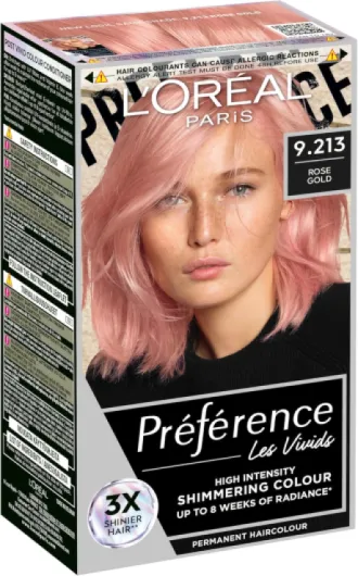 L'Oréal Paris Coloration permanente pour cheveux, brillance longue durée et couleur intense, jusqu'à 8 semaines, Preference Vivids (Colorista), or rose 9.214, 1 paquet 9.214 Or rose ENG