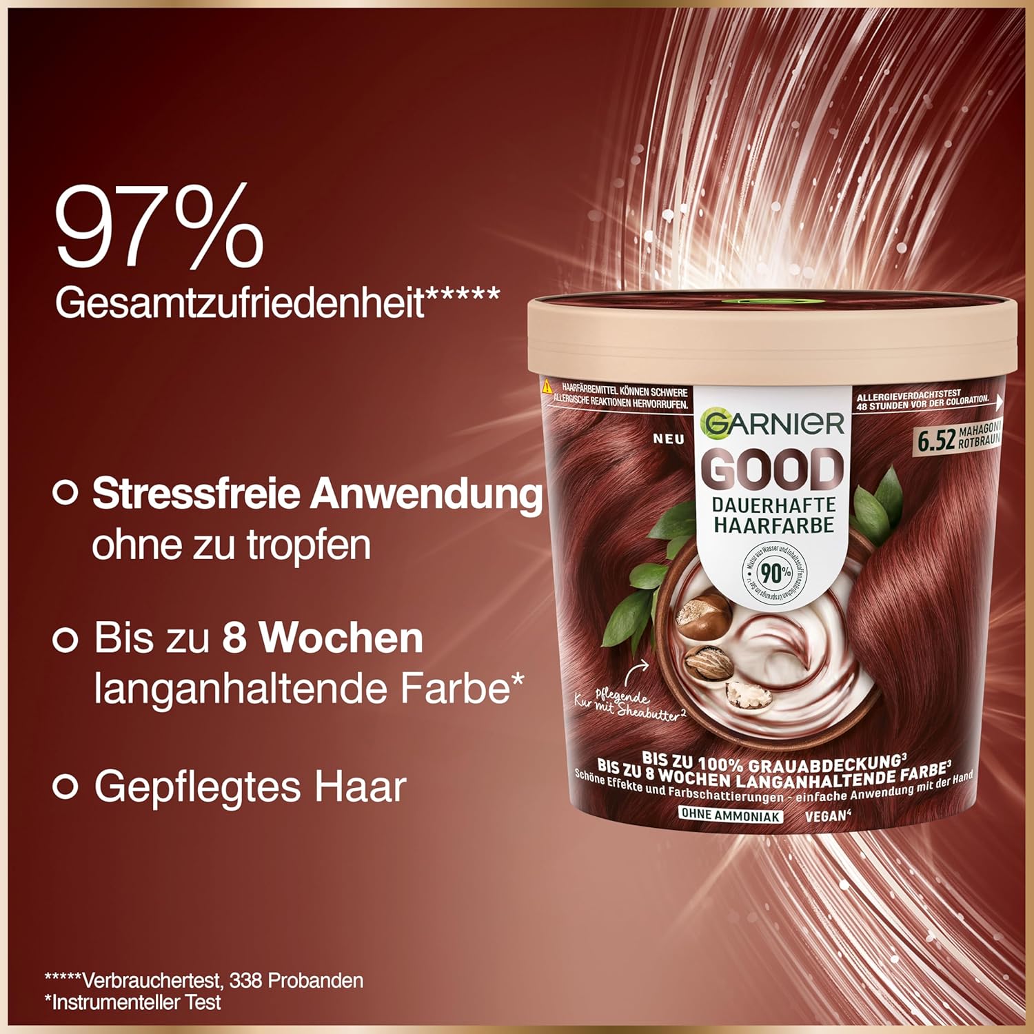 GOOD Coloration permanente pour cheveux 6.52 acajou rouge-brun – Coloration sans ammoniaque, formule végétalienne, couverture jusqu'à 100% des cheveux blancs, couleur longue durée, avec un