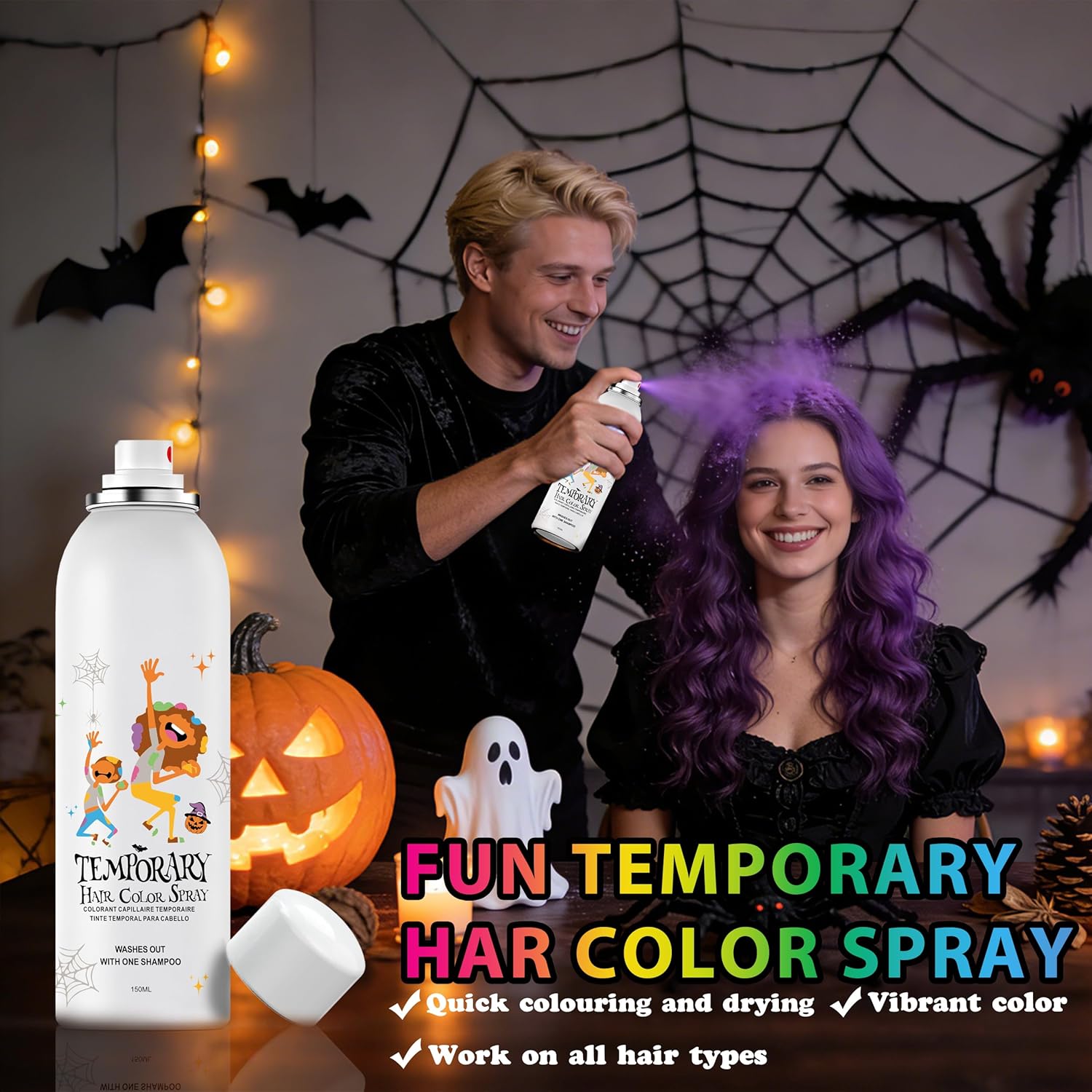 Spray de coloration temporaire pour cheveux violet pour femmes et hommes - Teinture capillaire argentée instantanée et lavable pour adolescents - Coiffure rapide pour Halloween, cosplay, fête costumée