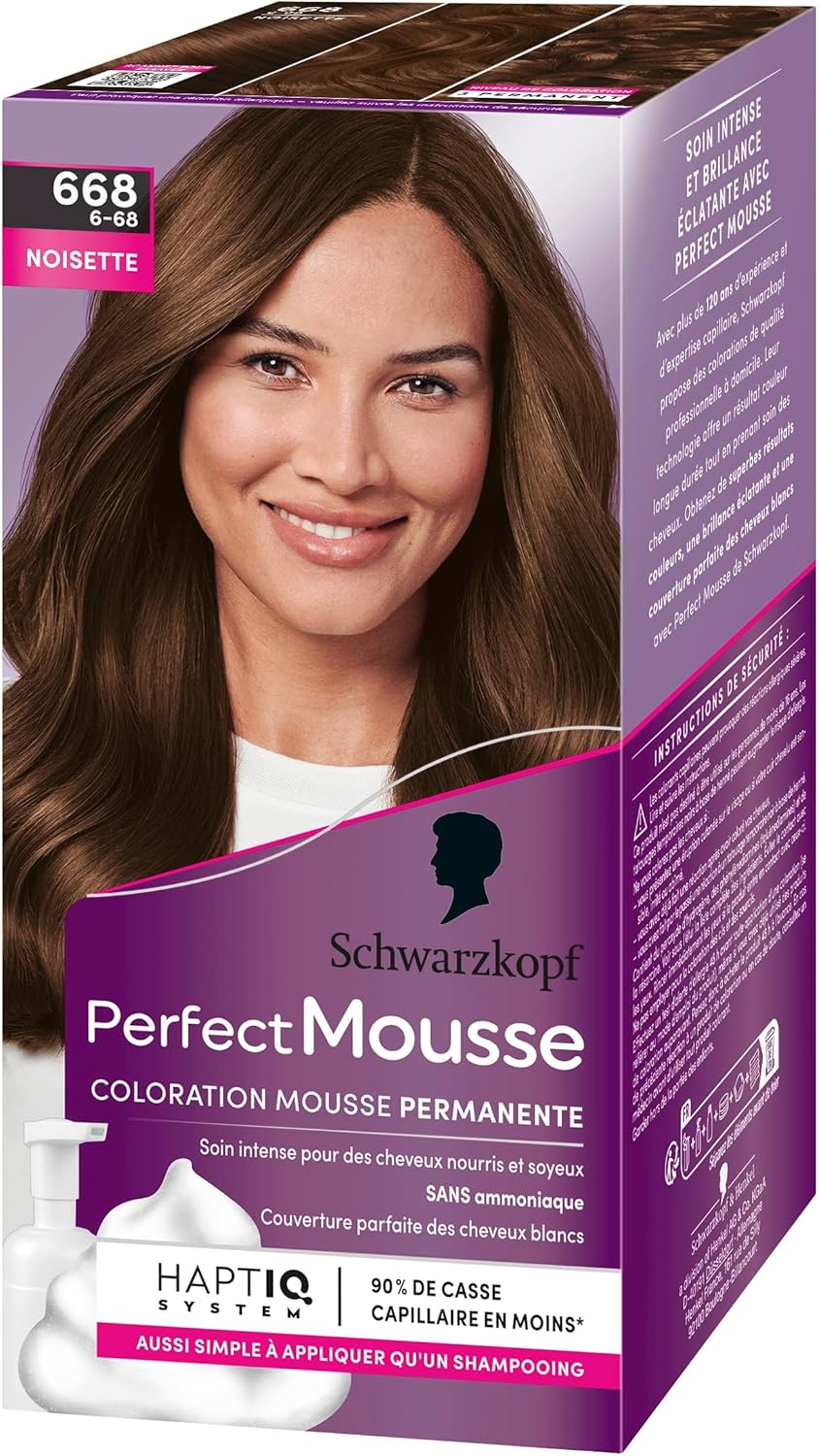 Perfect Mousse - Coloration Cheveux - Mousse Permanente Sans Ammoniaque - Masque Soin 96% D'ingrédients D'origine Naturelle - Noisette 668 - Lot de 4