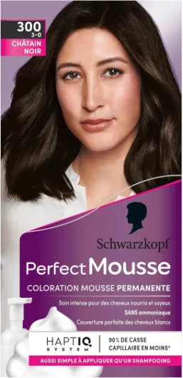 Perfect Mousse - Coloration Cheveux - Mousse Permanente sans Ammoniaque - Masque Soin 96% d'ingrédients d'origine naturelle - Châtain Noir 300 - Lot de 3