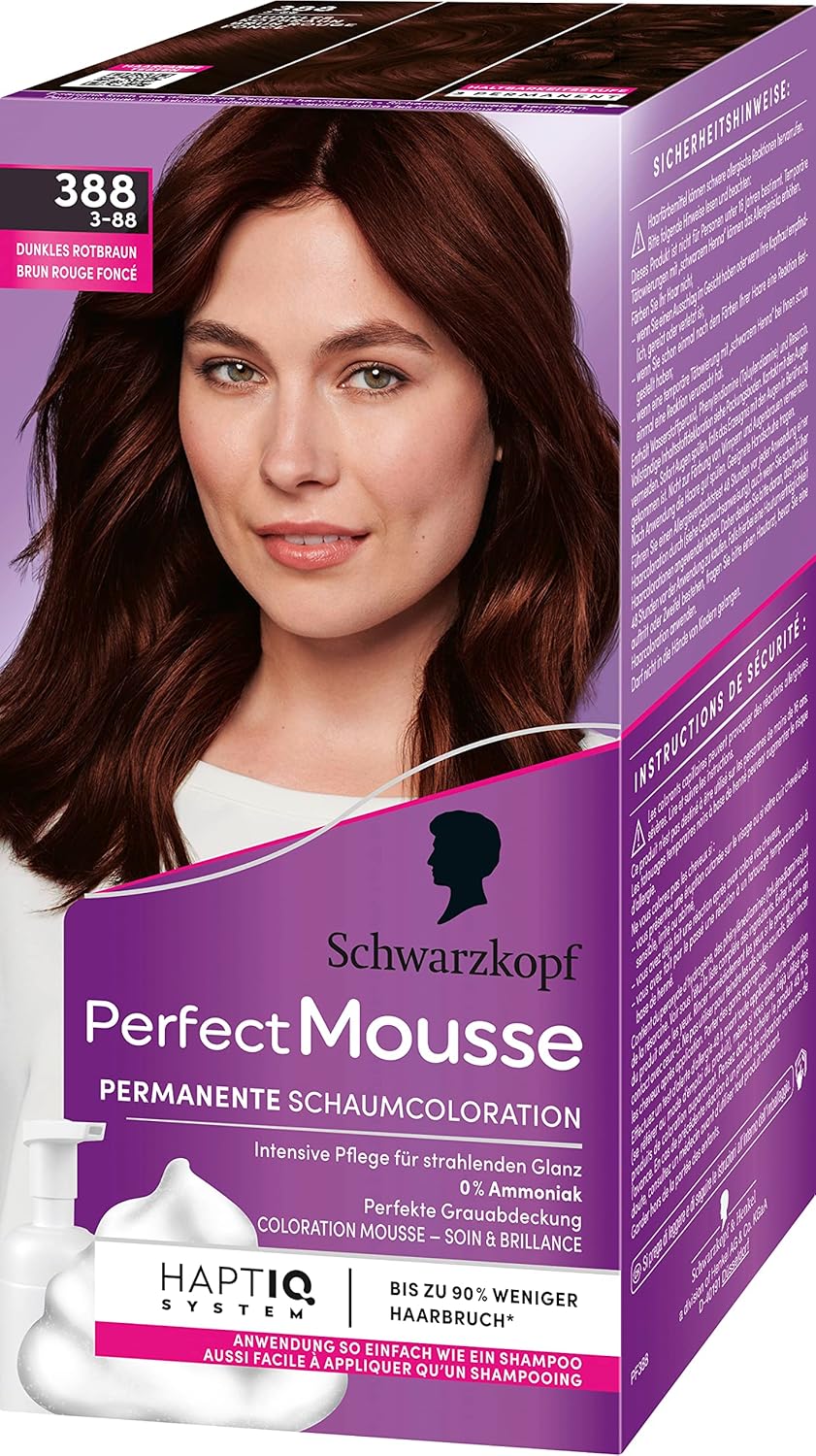 Schwarzkopf Perfect Mousse Coloration mousse permanente 388/3-88 Châtain rouge foncé (3 x 93 ml), couverture parfaite des cheveux blancs, soin intense 3-88/388 brun rouge foncé 93 ml (Lot de 3)