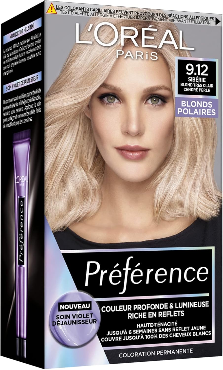 L’ORÉAL PARIS - Coloration Cheveux Permanente - Longue Durée & Lumineuse - Sans Reflets Jaunes - Couvre 100% des Cheveux Blancs - Préférence - Nuance : Sibérie 9.12, Blond très clair cendré perlé