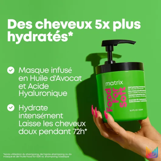 Matrix, Masque Hydratant, Cheveux Secs à Très Secs, Enrichi en Acide Hyaluronique et Huile d'Avocat, Food For Soft 500 ml