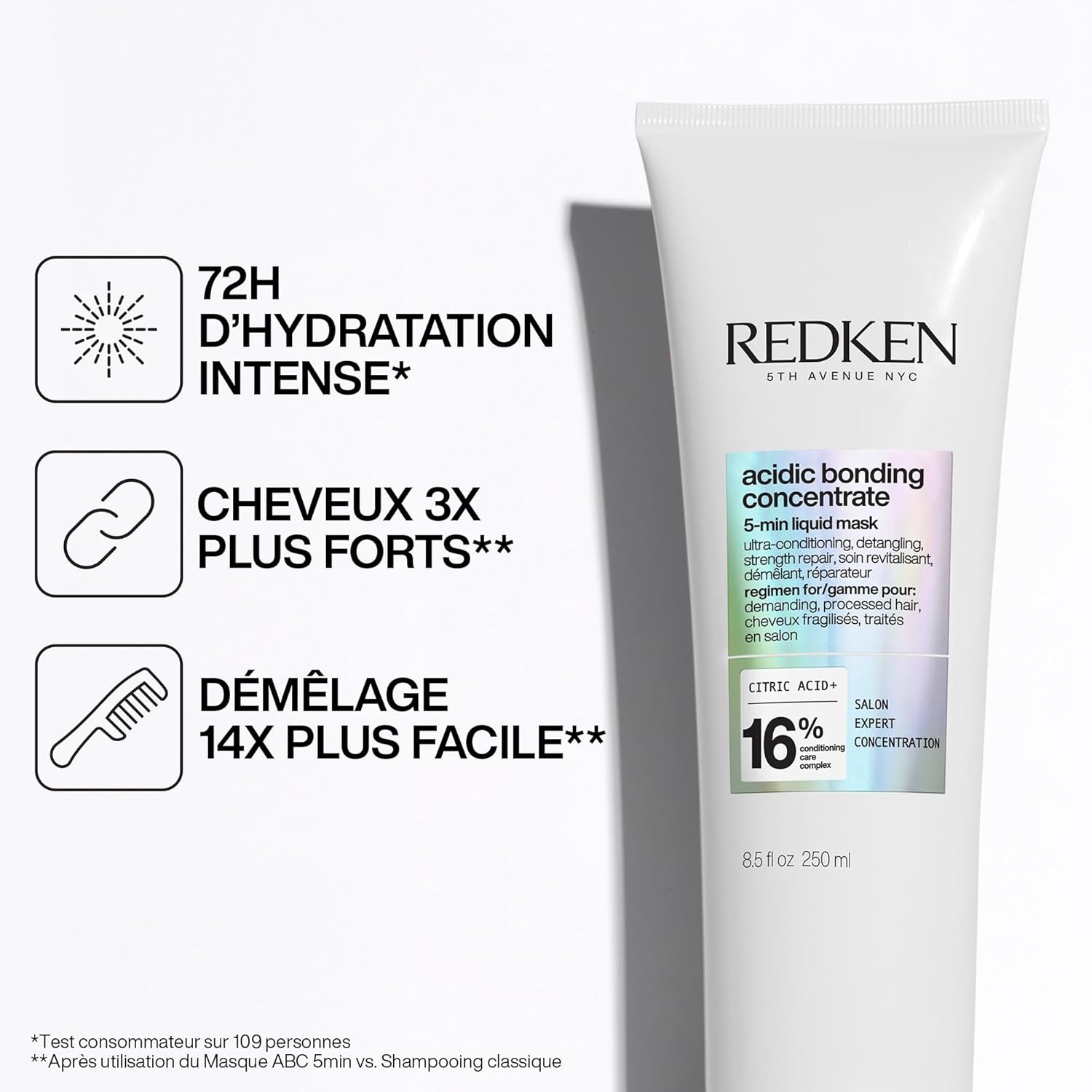 REDKEN - Masque Cheveux Réparateur 5 min Acidic Bonding Concentrate - Cheveux Abîmés Traités en Salon - Hydratation 72H - Démêlage 14x Plus Facile - Soin Bonding à l'Acide Citrique - 250 ml