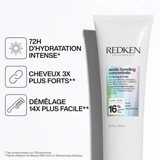 REDKEN - Masque Cheveux Réparateur 5 min Acidic Bonding Concentrate - Cheveux Abîmés Traités en Salon - Hydratation 72H - Démêlage 14x Plus Facile - Soin Bonding à l'Acide Citrique - 250 ml