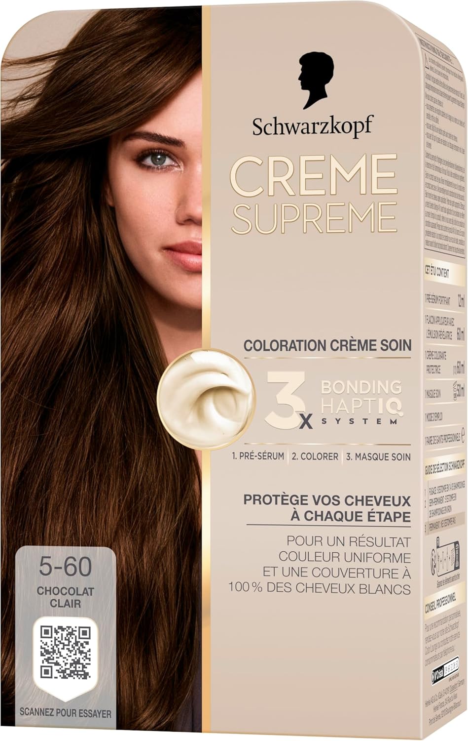 Creme Supreme - Schwarzkopf - Coloration Permanente- Resultat Couleur Uniforme - Coloration Creme Soin - Bonding - Pre-serum et Masque Soin - Couverture 100% Cheveux Blancs - 5-60 - Chocolat Clair Beige 182 ml (Lot de 2)