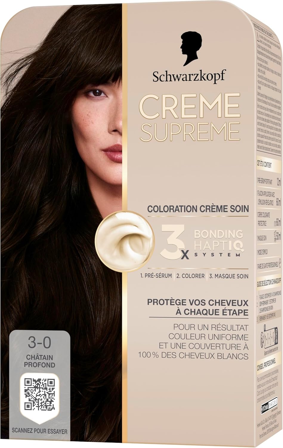 Crème Supreme Coloration Permanente Pre-Serum et Masque Soin Couverture 100% Cheveux Blancs Résultat Couleur Uniforme 3-0 Châtain Profond (Lot de 2) 182 ml (Lot de 2)