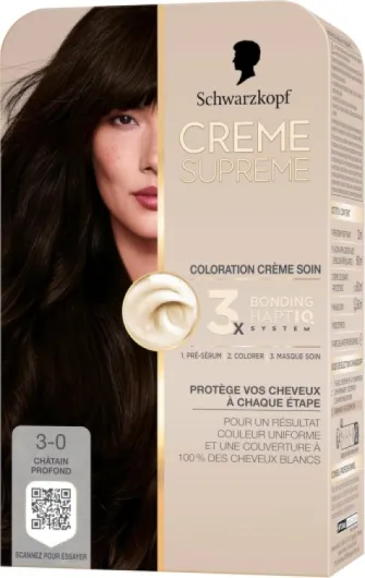 Crème Supreme Coloration Permanente Pre-Serum et Masque Soin Couverture 100% Cheveux Blancs Résultat Couleur Uniforme 3-0 Châtain Profond (Lot de 2) 182 ml (Lot de 2)