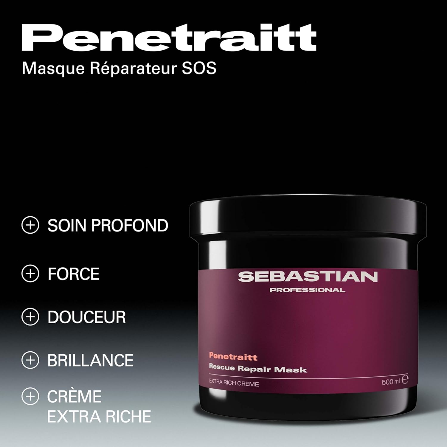 Sebastian Professional Penetraitt – Masque cheveux réparateur intense, hydratation et résistance renforcée pour cheveux abîmés ou fragilisés 500 ml (Lot de 1)