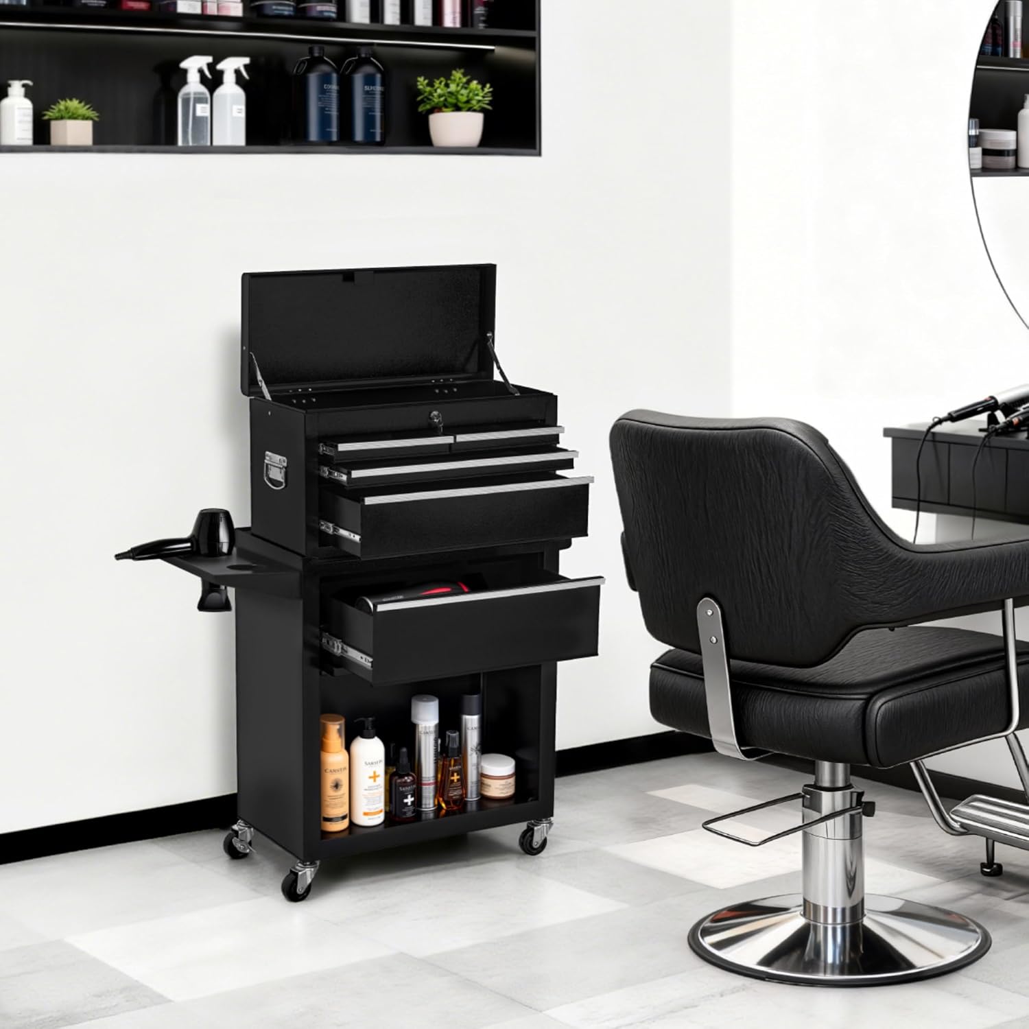 Chariot de Coiffure BarberPub 2 en 1 avec 5 tiroirs et Une Armoire, Chariot de Service avec 2 Supports pour sèche-Cheveux, Chariot de Travail de Coiffure verrouillable, 0097 (Noir-Argent)
