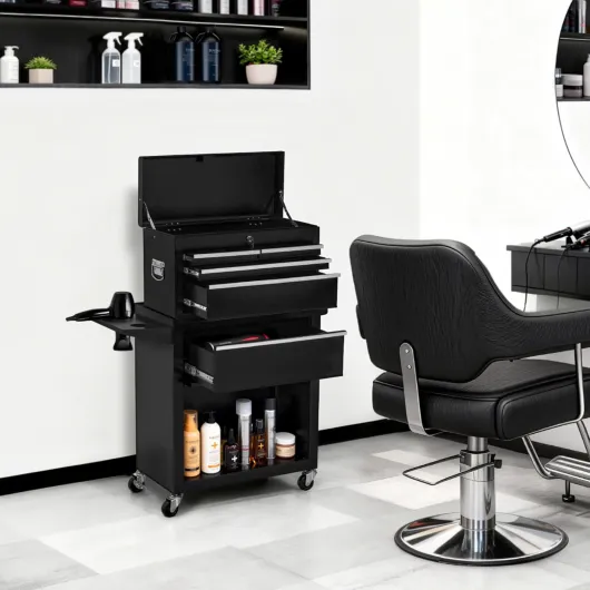 Chariot de Coiffure BarberPub 2 en 1 avec 5 tiroirs et Une Armoire, Chariot de Service avec 2 Supports pour sèche-Cheveux, Chariot de Travail de Coiffure verrouillable, 0097 (Noir-Argent)