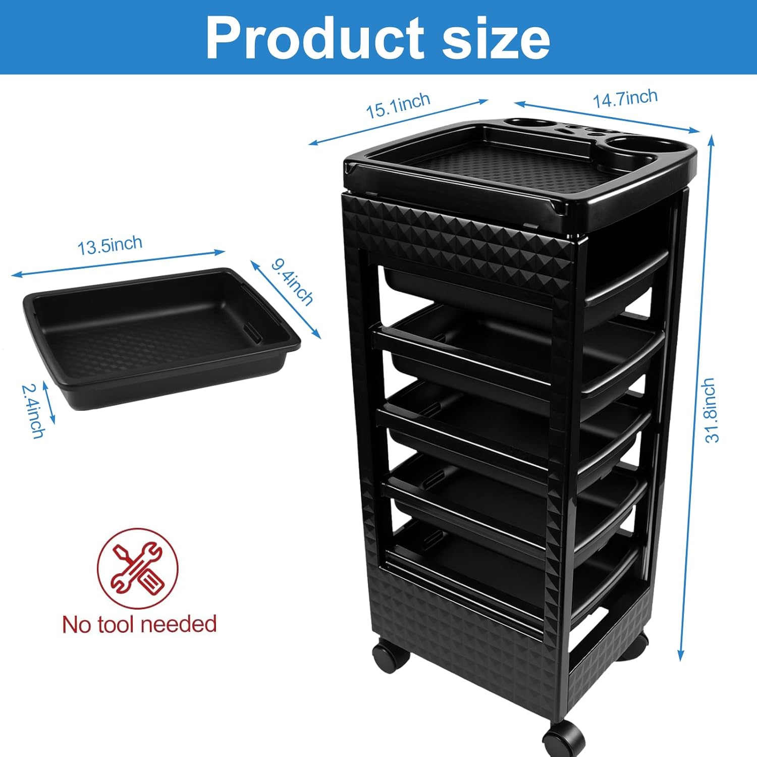 Chariot de salon avec 5 tiroirs, support à cheveux roulant de beauté avec plan de travail, station de salon portable pour coiffeur, équipement d'esthéticienne professionnelle avec roues pour spa Black-T22
