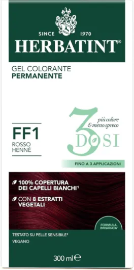 Gel Colorant Permanent 3Dosi, 300 ml - FF1 rouge Henné, sans ammoniaque, pour peaux sensibles, 100% couverture cheveux blancs, avec 8 extraits naturels bio FF1 rouge henné 300 ml (Lot de 1)