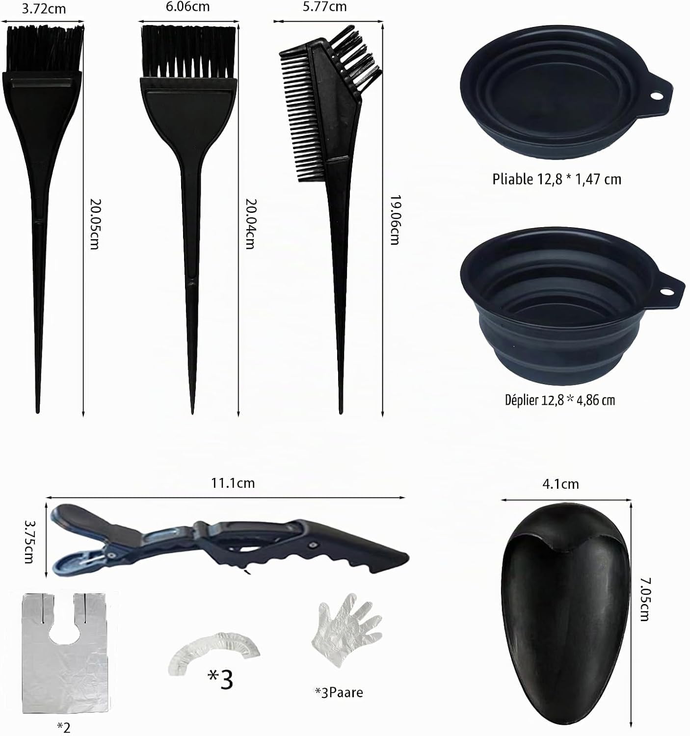Kit de coloration des cheveux : pinceaux, peigne, bol, brosse, cache-oreilles, épingles, gants