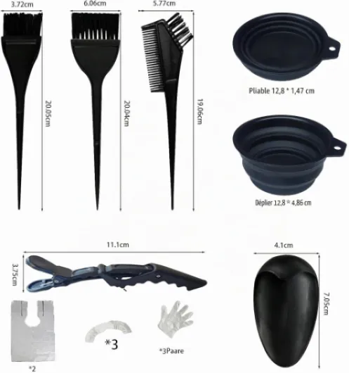 Kit de coloration des cheveux : pinceaux, peigne, bol, brosse, cache-oreilles, épingles, gants