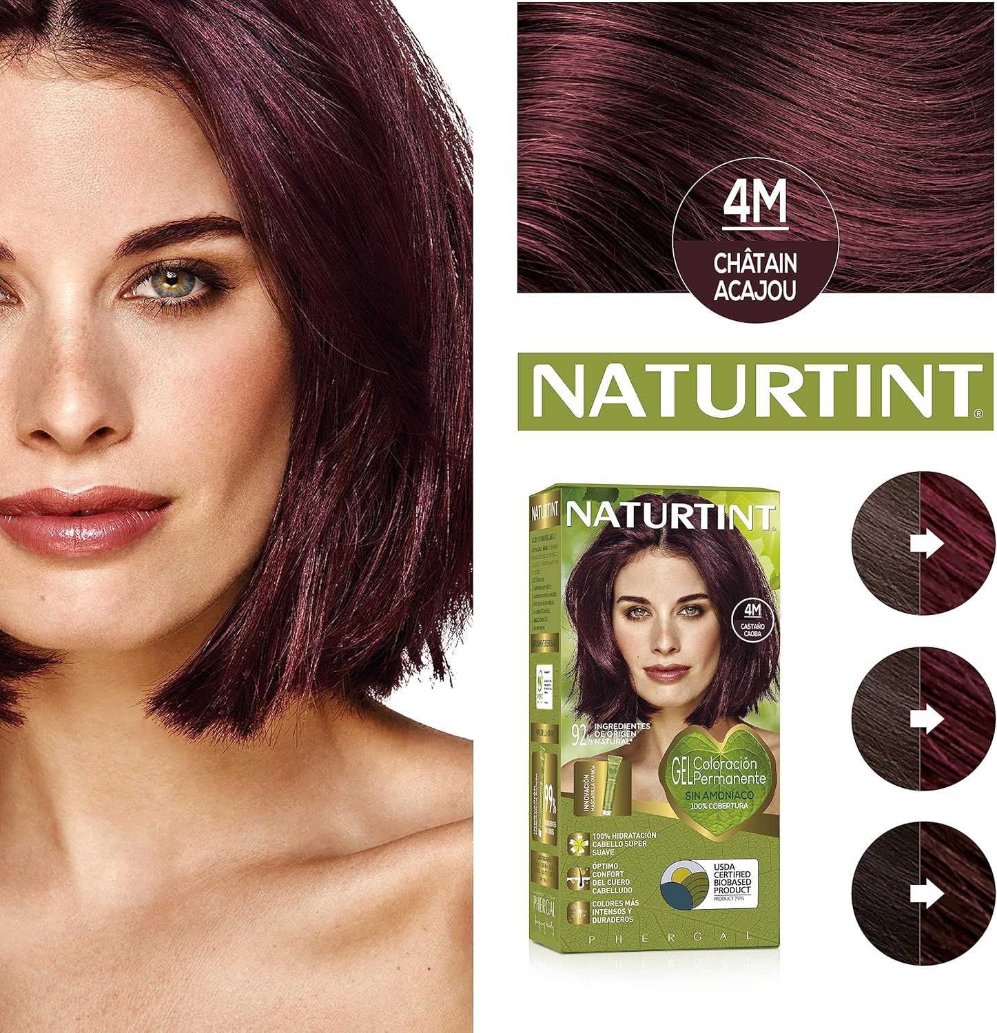 Biobased - Coloration sans ammoniaque - Couverture à 100% des cheveux blancs - Ingrédients végétaux - Couleur naturelle et durable -4M Châtain Acajou- Lot de 3